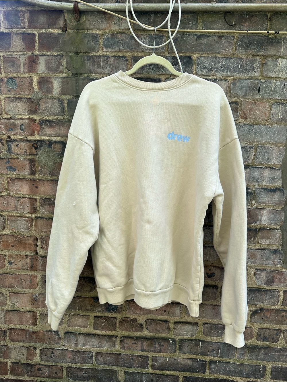 drew house Cream Crewneck with Pale Blue Logo